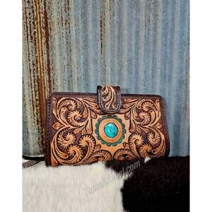 NEW AMERICAN DARLING women's tooled leather wallet with turquoise detail in brow